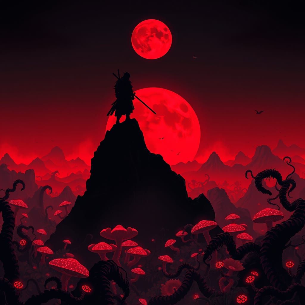Samurai Warrior Under Blood Moon in Alien Jungle