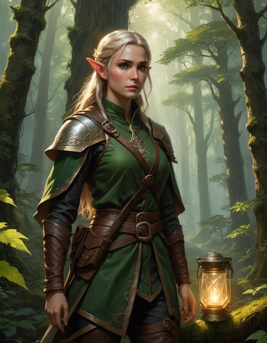 Elf Ranger Keeping Watch in Ancient Forest