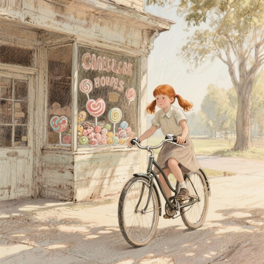 Girl Rides Vintage Bicycle Past Candy Store in Conte Chalk S...