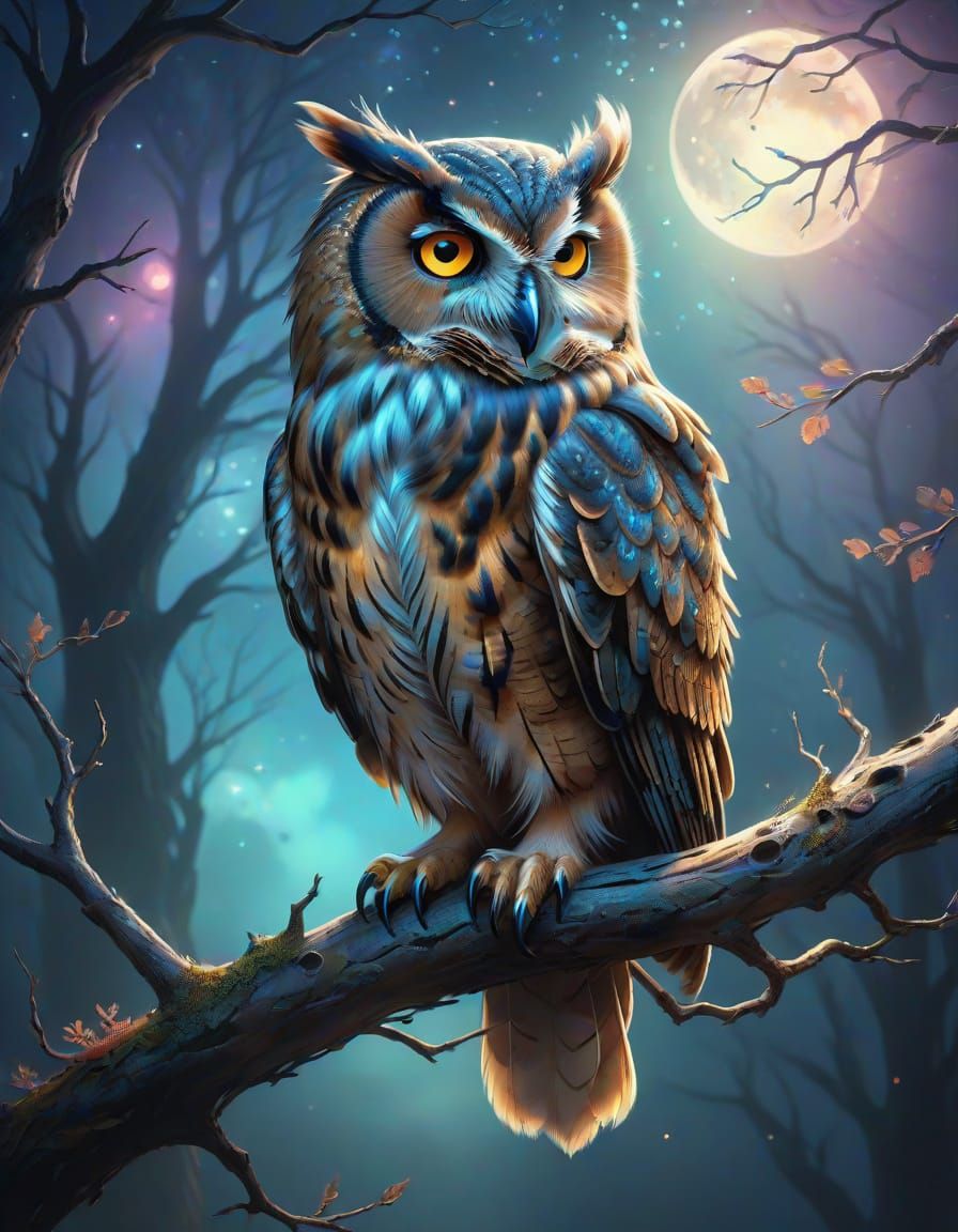 Owl in Moonlight in Misty Forest