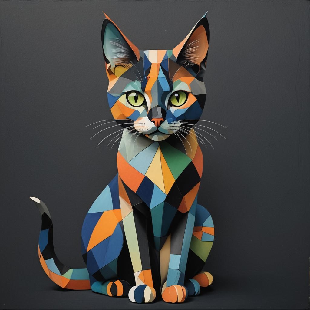 A cat sitting upright composed of various geometric shapes a...