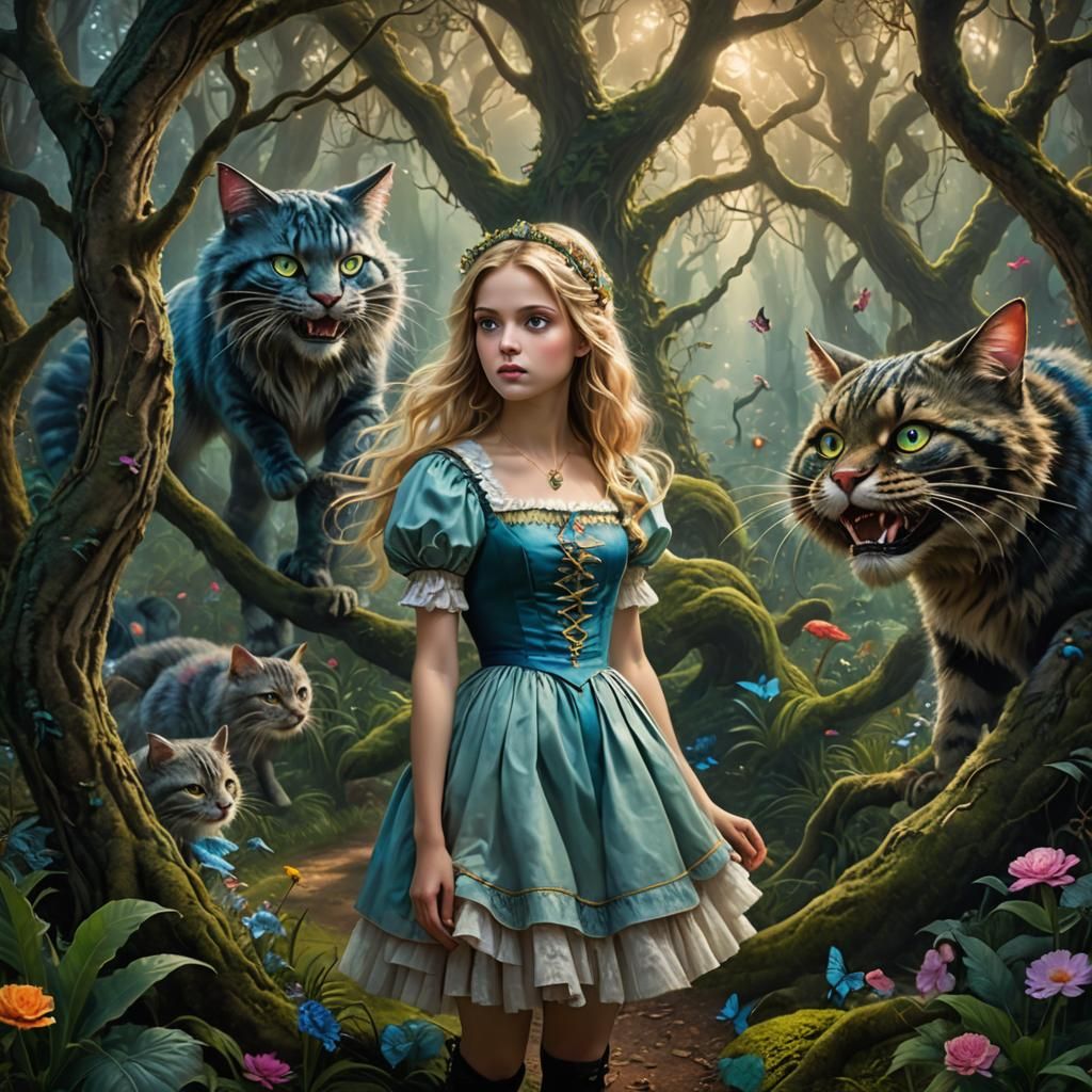 Alice and Cheshire Cat in Ethereal Forest