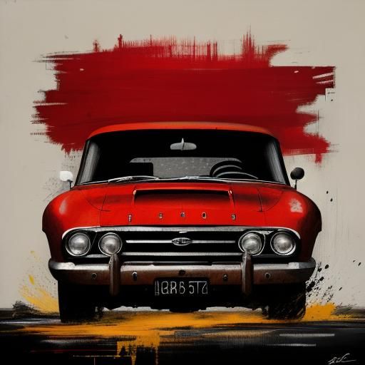 Abstract Expressionist Red Race Car in Monochromatic Realism