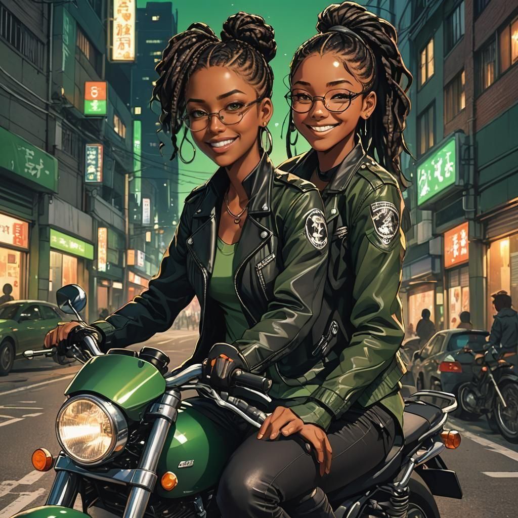 Anime Woman on Motorcycle in Cel-Shaded Style