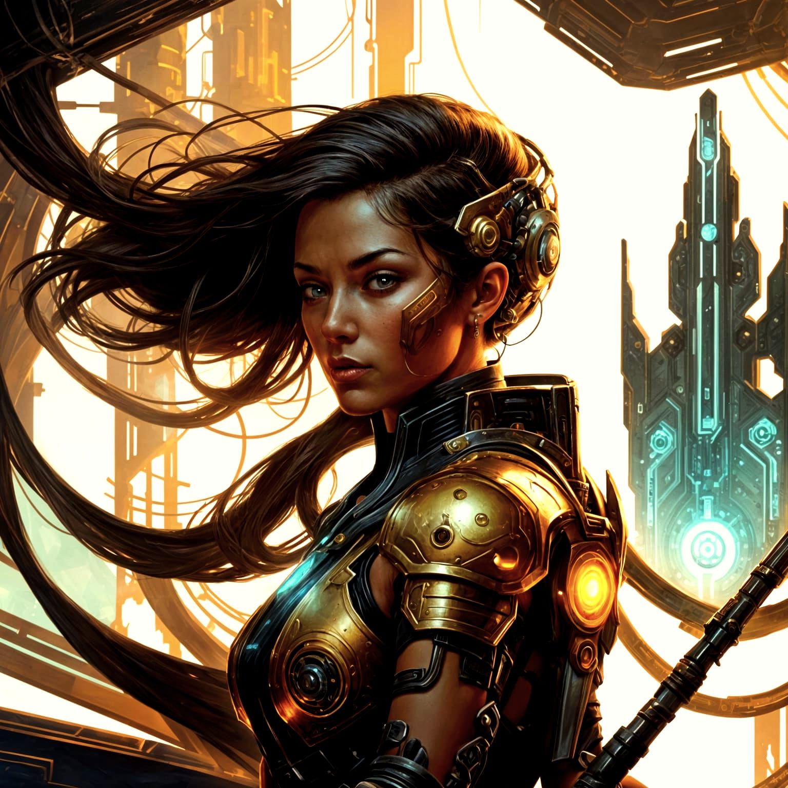 Cyborg Woman in Fantasy Cyberpunk Painting