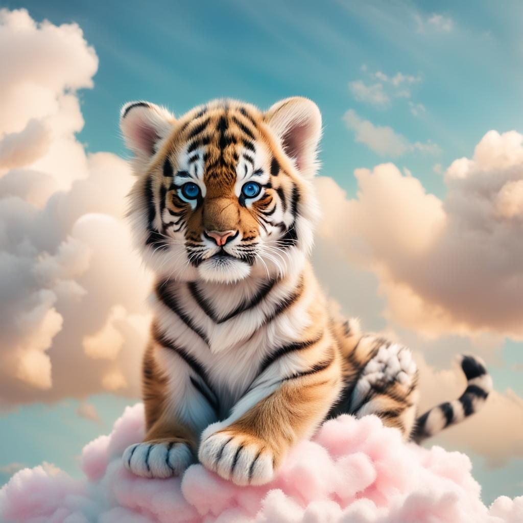 Baby Tiger on Cloud in Dreamy Pastel Hues