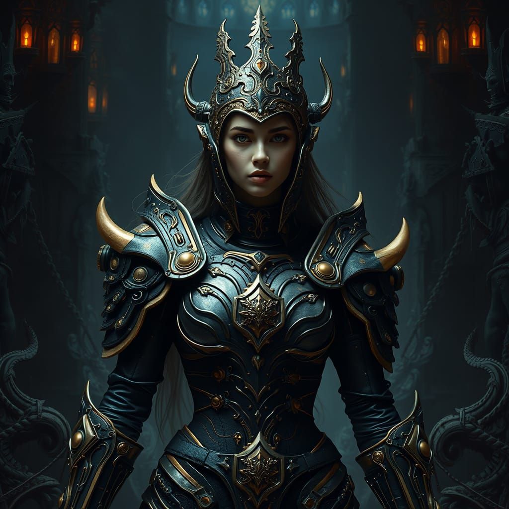 Armored Woman in Mystical Landscape in Surreal Style