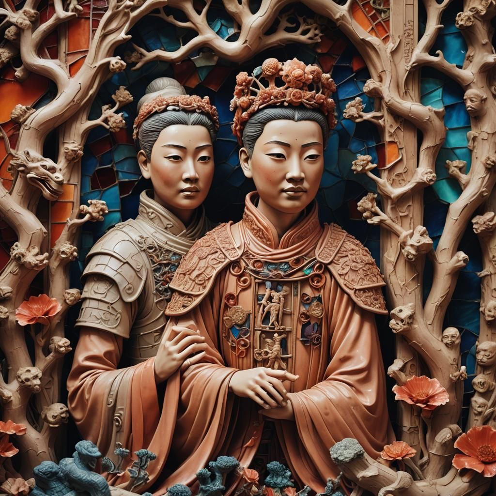 Coral Terracotta Army Sculpture in Surreal Darkness