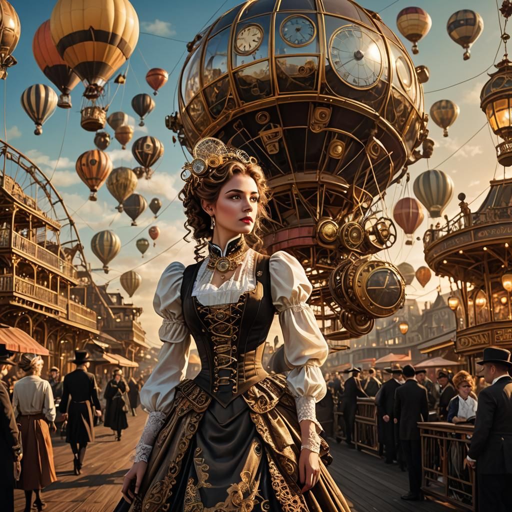 Steampunk Fair with Mechanical Balloon at Golden Hour