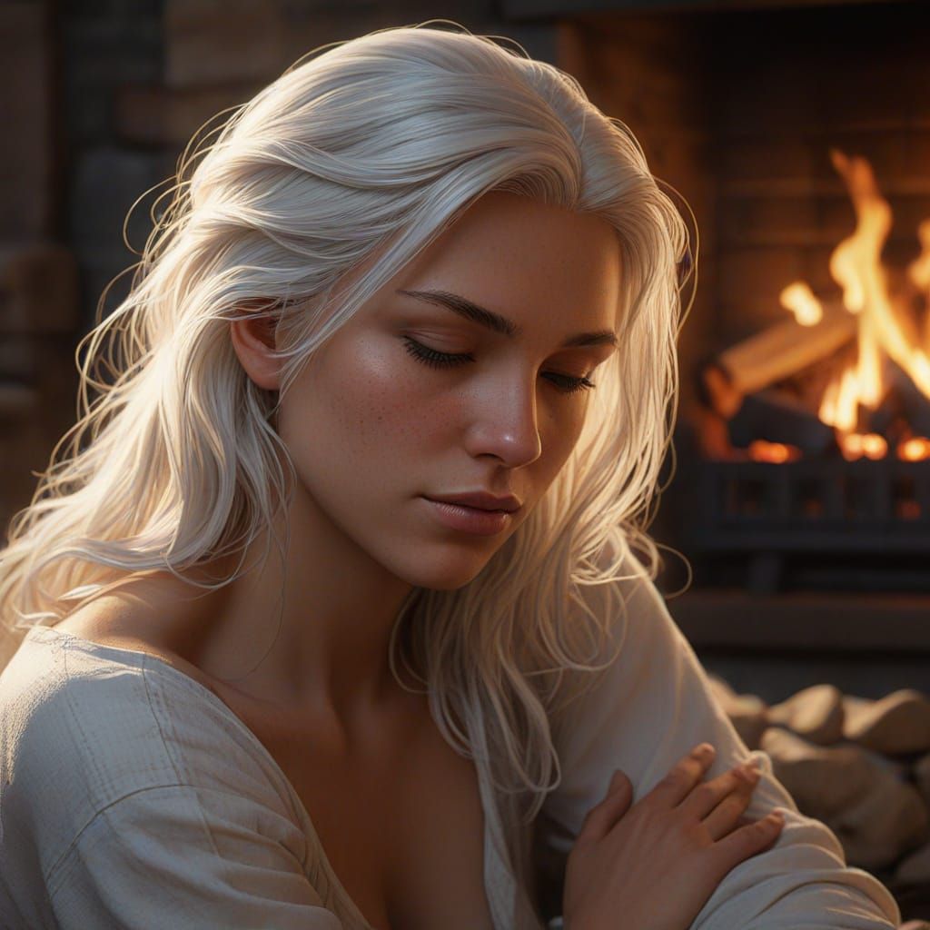 Woman Sleeping by Firelight, Realistic Fantasy Art