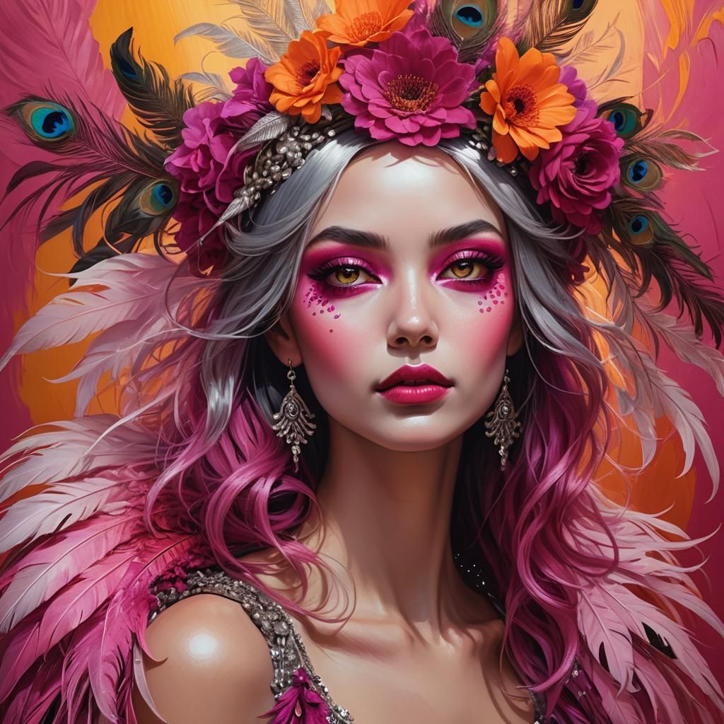 Stunning Woman with Peacock Feather Hair: Hyperrealistic Art