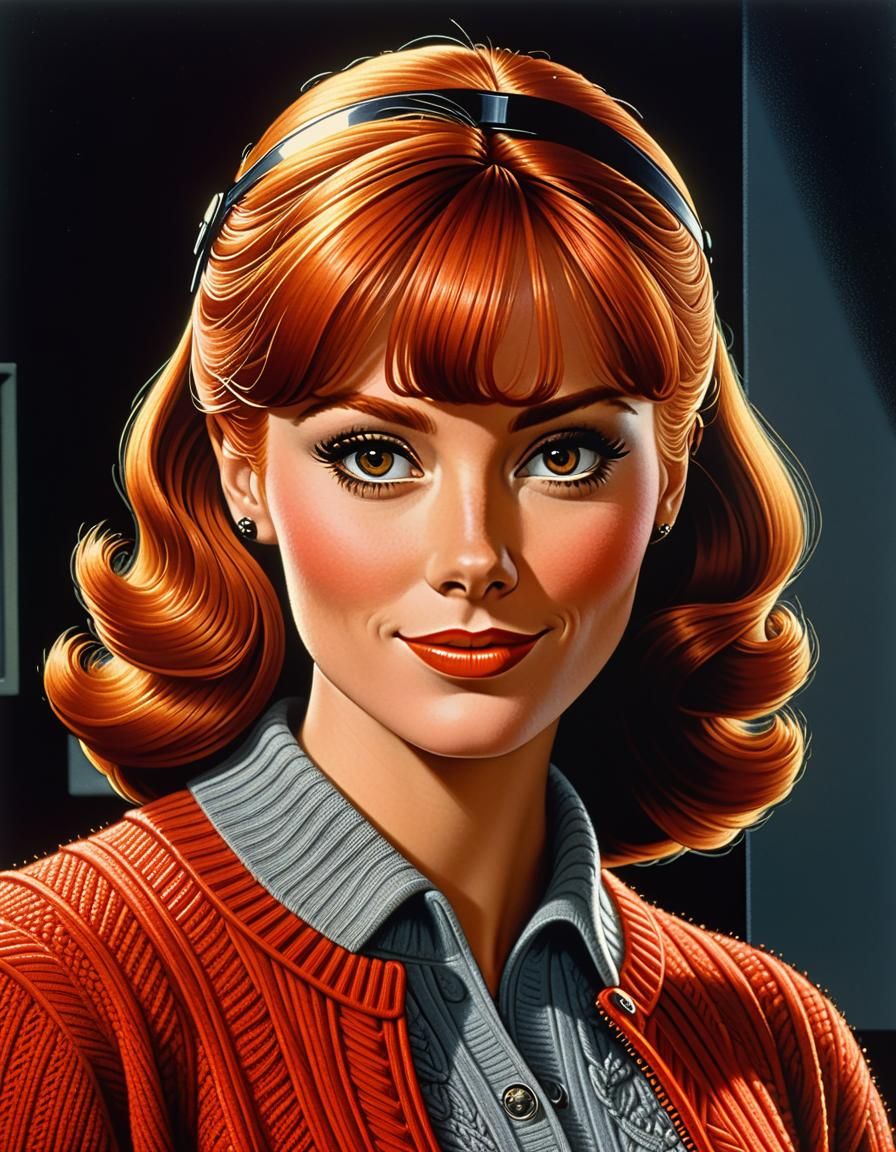 Retro Cartoon Portrait of Redhead in Chromolithography