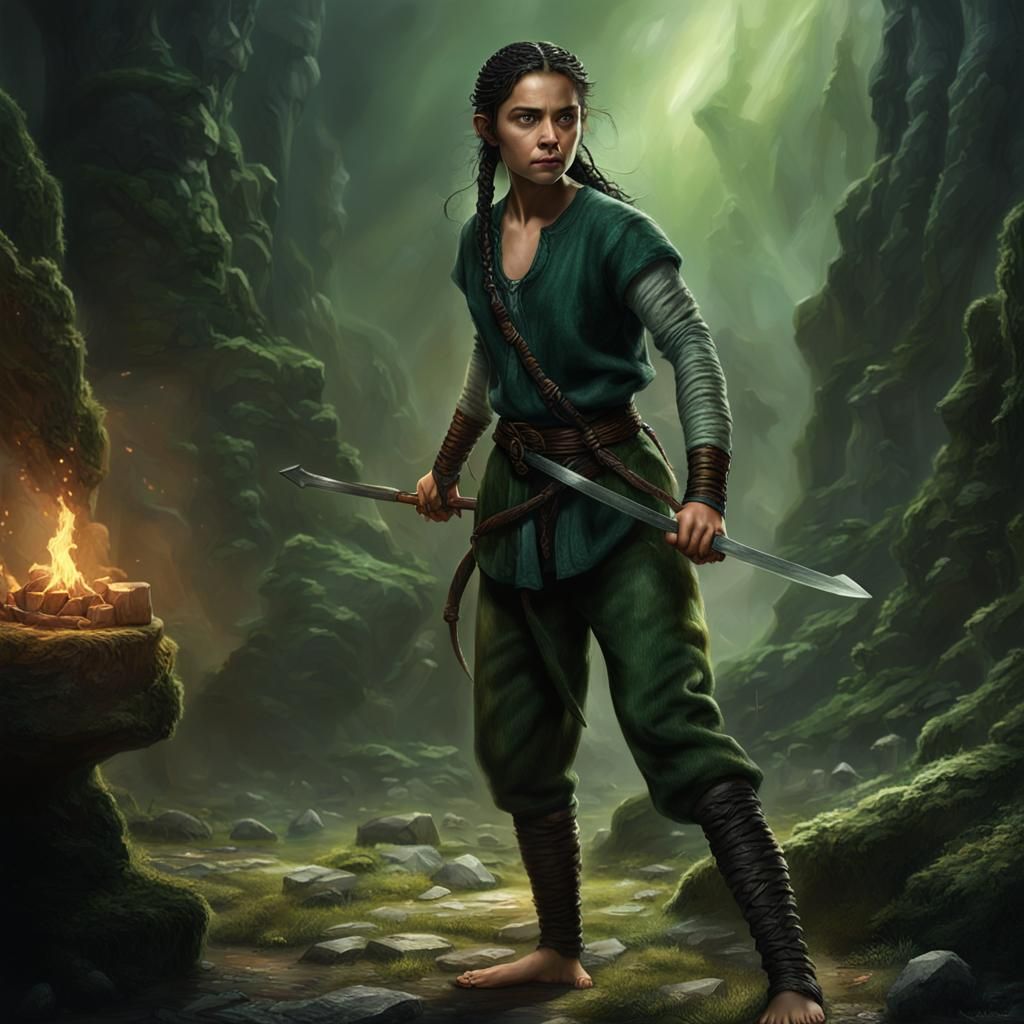 Hyperrealistic Female Hobbit Ready to Fight