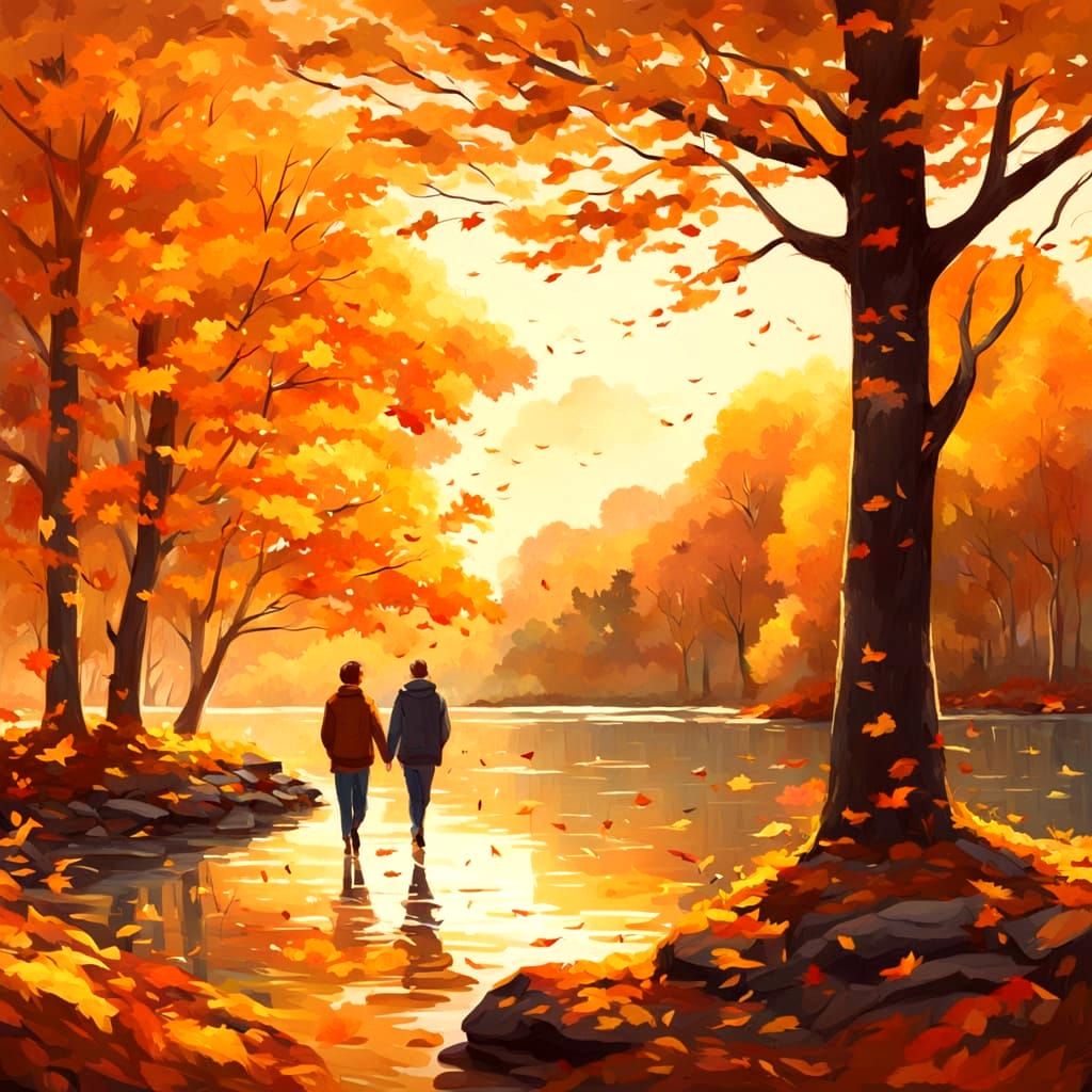 Autumnal Lake Stroll: A Couple's Sunny Date