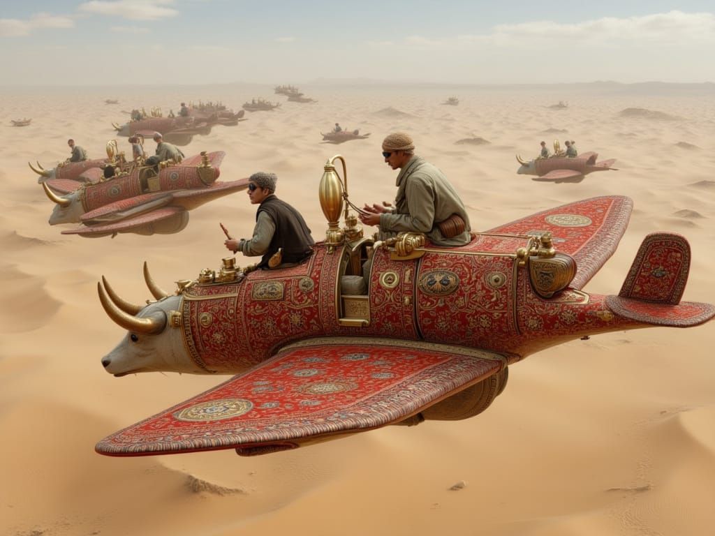 Surreal Flying Carpet Airplanes Over Desert Landscape