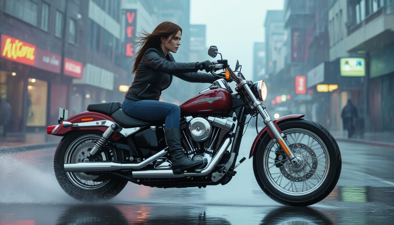 Tifa Lockhart Rides a Harley in the Rain
