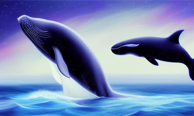 Whale Family Above Starry Ocean, Pixar Style