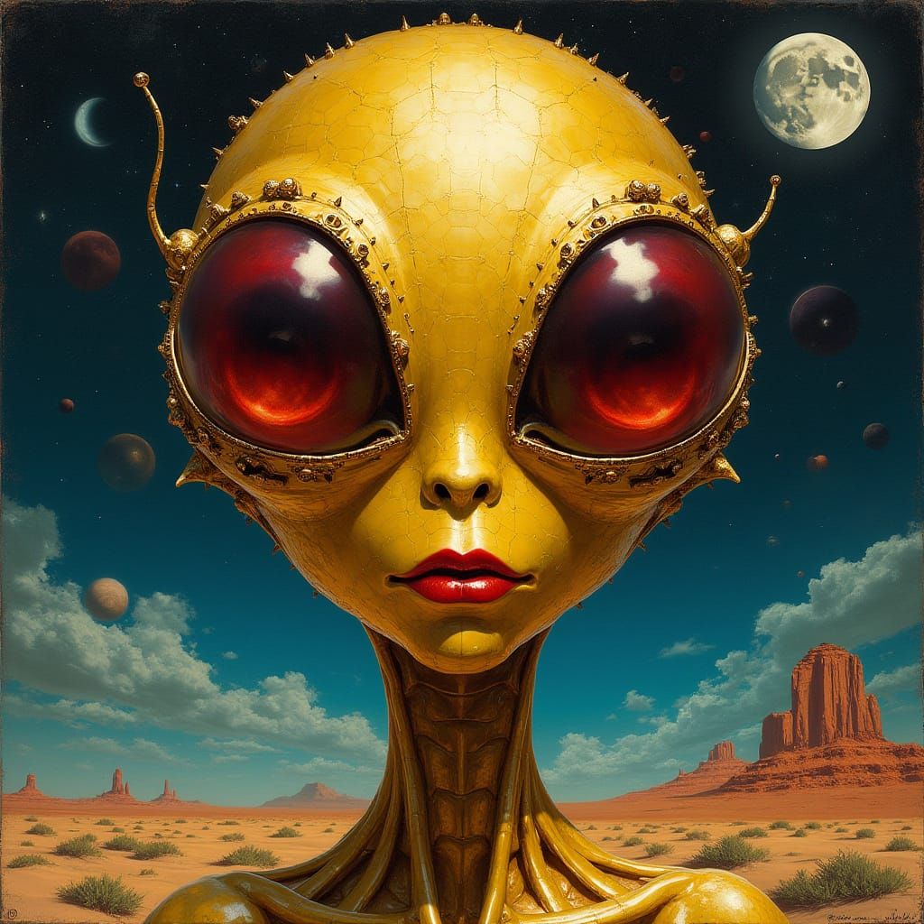 Surreal Golden Alien Portrait on the Moon with Earth