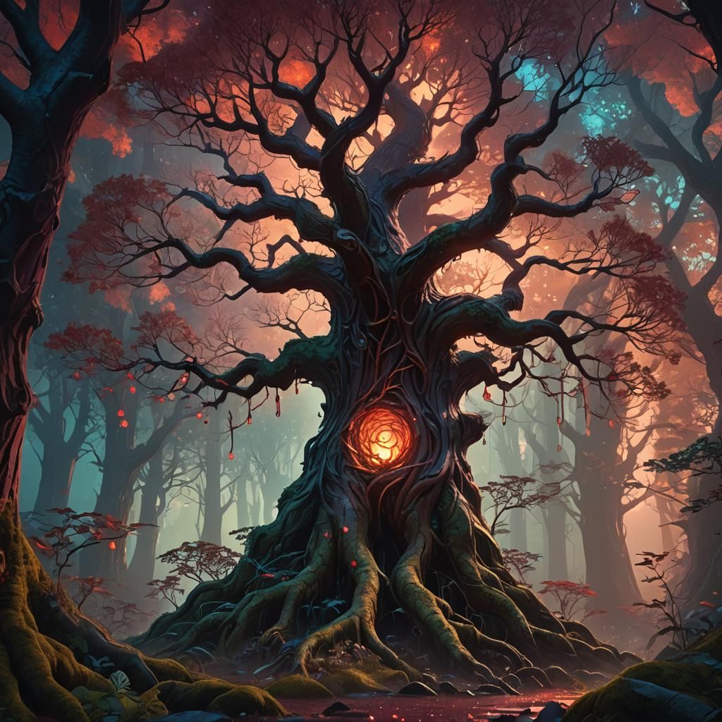 Mystical Sentient Tree at Red Moonset: Fantasy Art