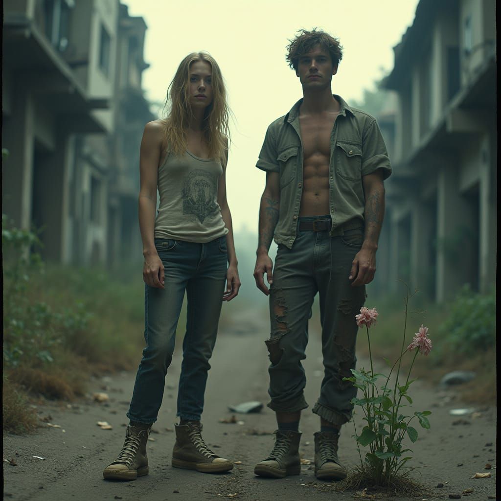 Post-Apocalyptic Couple in Ruined City