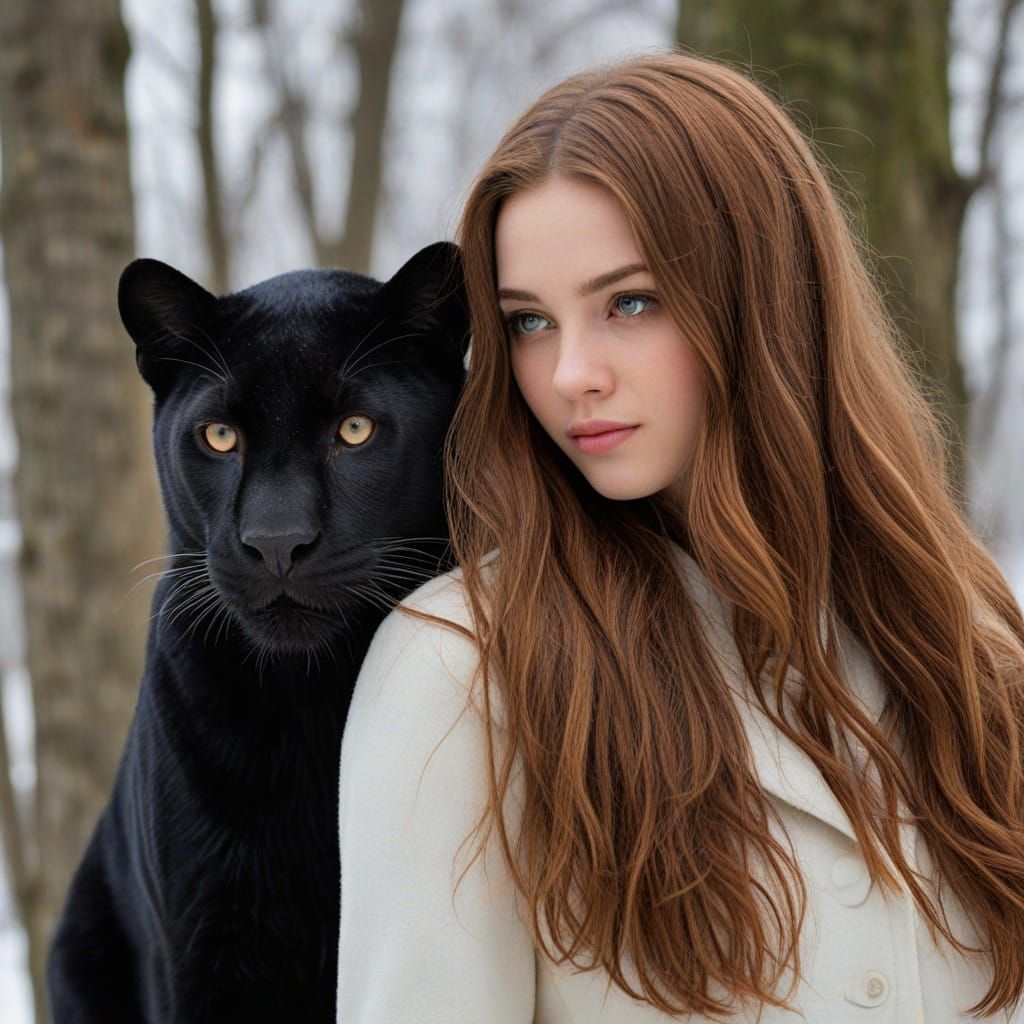 Elegant Young Adventurer Stands with Majestic Panther in Win...
