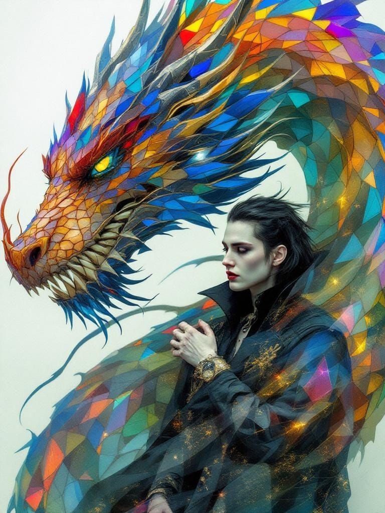 Dragon and Vampire Double Exposure in Art Nouveau Style