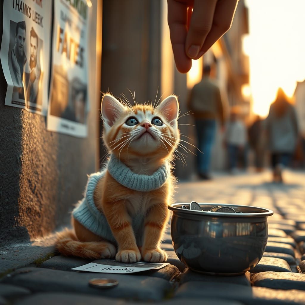 Kitten Seeks Fortune on Cobblestone Street in Cinematic Styl...
