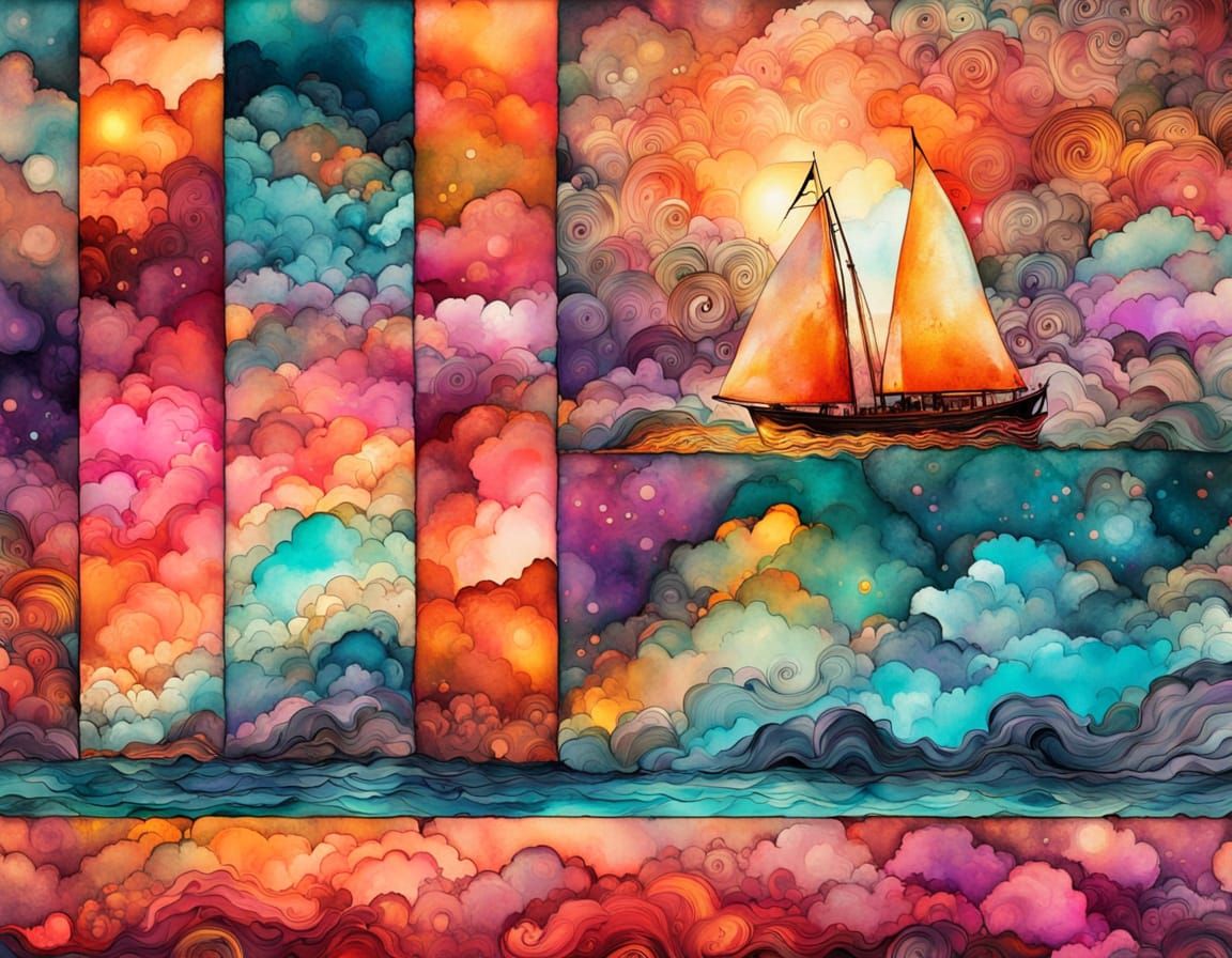 Sunset Sailboat in Abstract, Colorful Digital Art