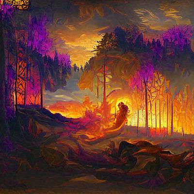 Dramatic Forest Sunset in Dark Fantasy Style