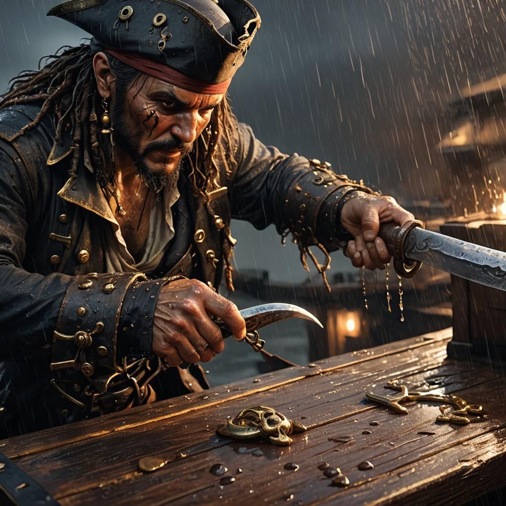 Pirate on Deck with Cutlass in Dark Fantasy Style