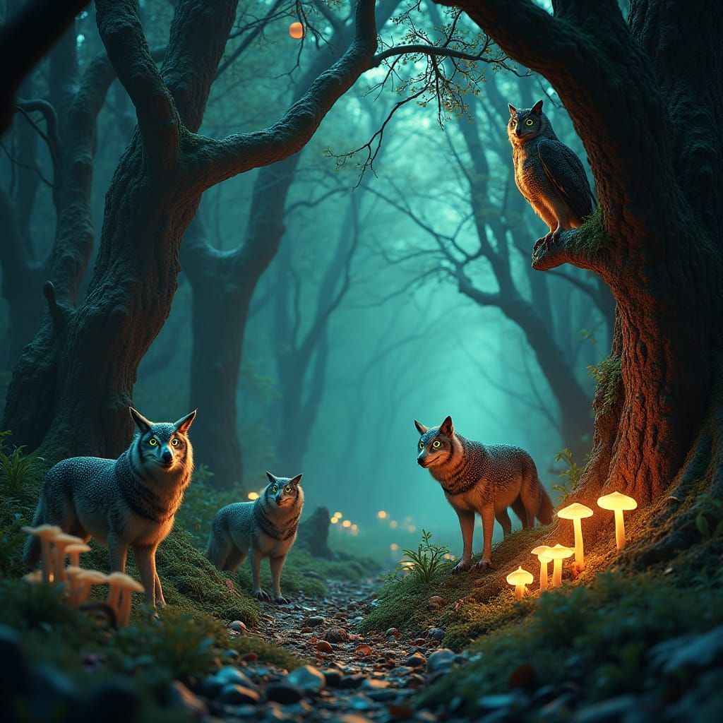 Enchanted Celtic Forest Scene with Owls and Wolves