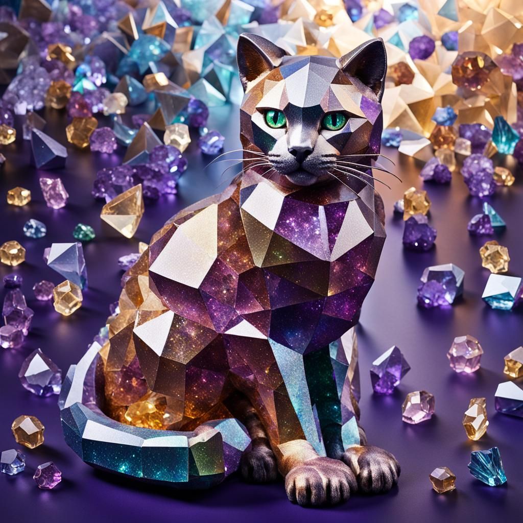 Iridescent Crystal Cat Sculpture: Gemstone Feline