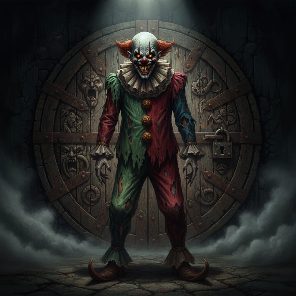 Sinister Circus Clown Before Creepy Door in Dark Fantasy Sty...