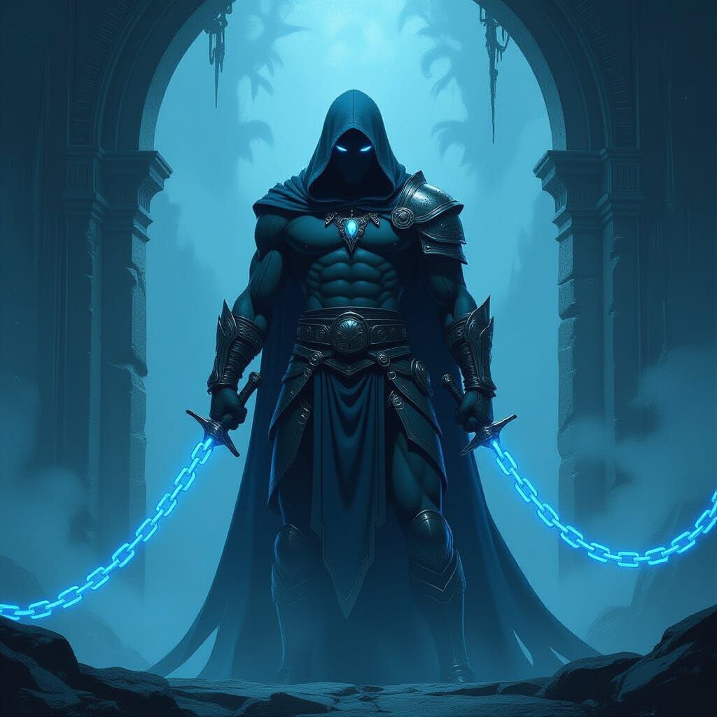 Warrior Bound by Azure Chains in Fantasy Art Style