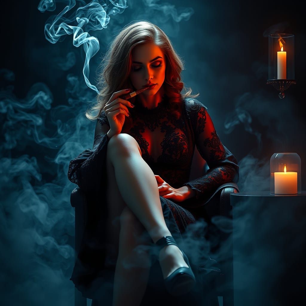 Woman Surrounded by Smoke in a Luxurious, Mystical Realm