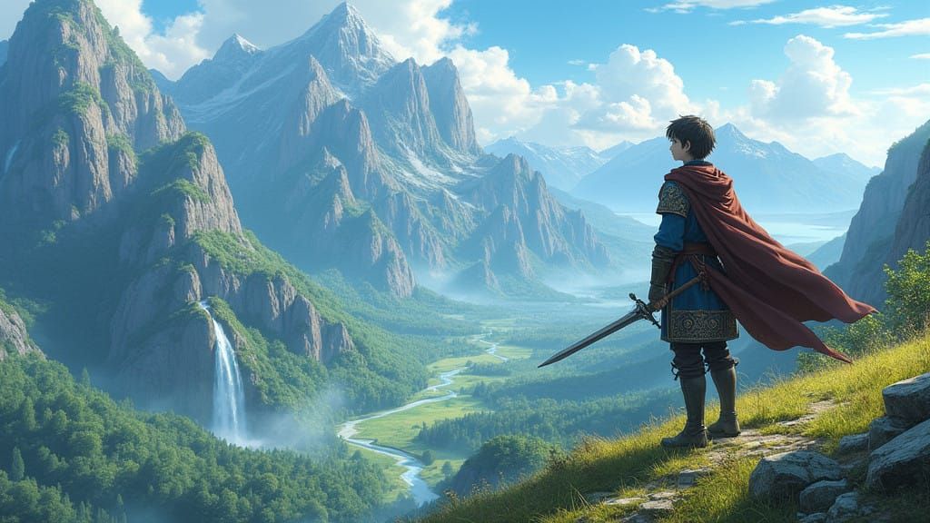 Heroic Teenage Boy Stands on Hill, Sword in Hand, Amidst Bre...