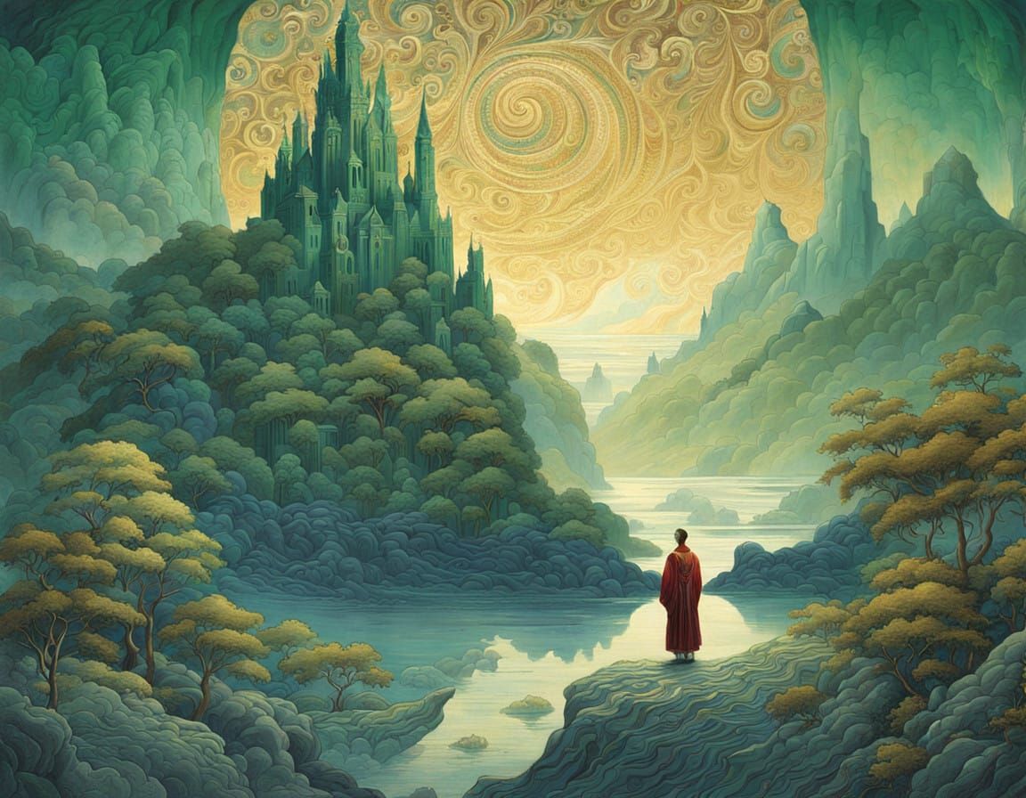 Ethereal Figure in Luxurious, Ornate Robes Within Dreamlike...