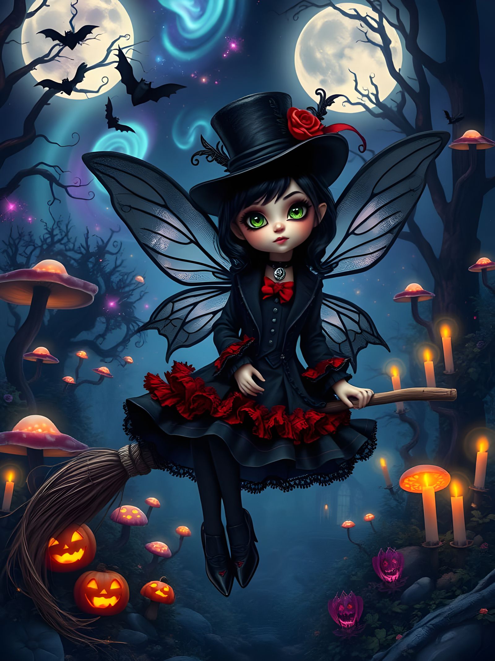 Whimsical Goth Fairy in Enchanted Forest, Hyperrealistic Fan...