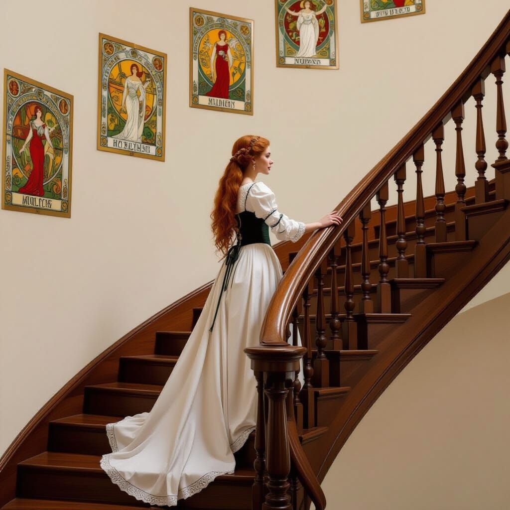 Woman Descends Staircase in Alphonse Mucha Style