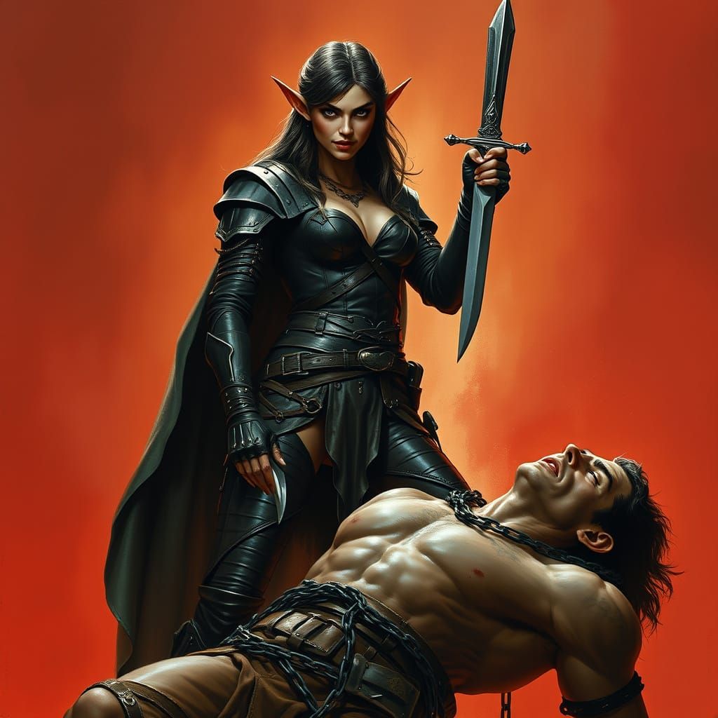 Dark Elf With Dagger Over Chained Man
