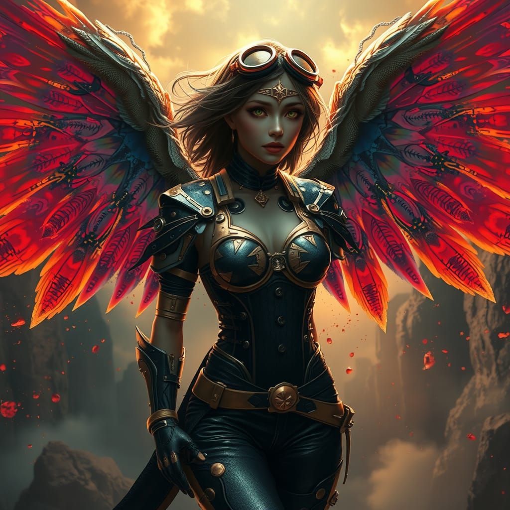 Steampunk Android Angel Soaring in Golden Light