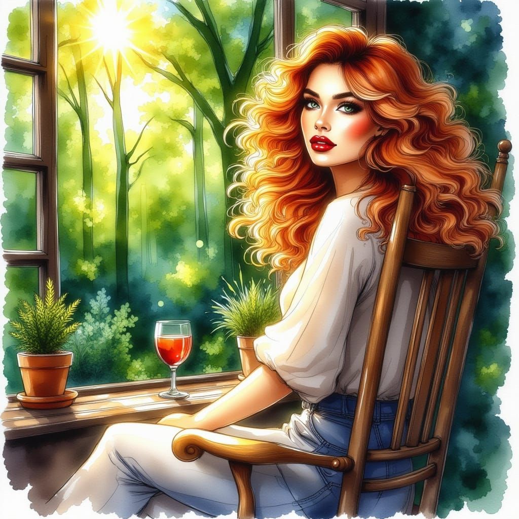 Woman in Forest Serene in Watercolor Style