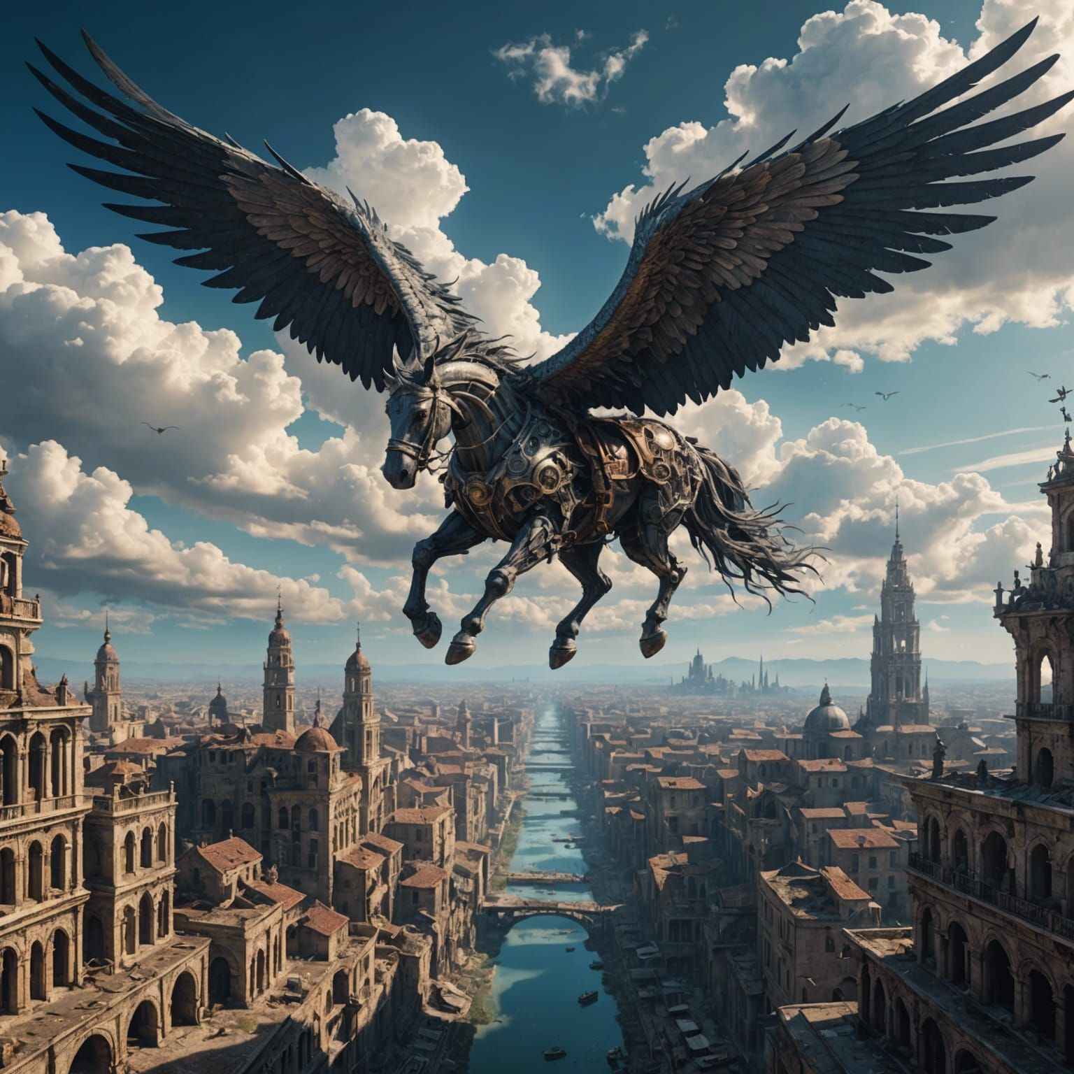 Hyperdetailed Pegasus Soaring Through Post-Apocalyptic Vapor...