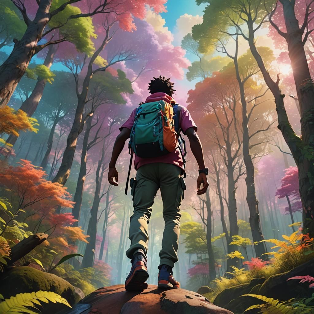Hiker in Multicolored Anime Forest, 3D Rendered