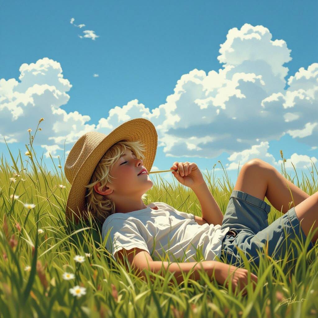 Boy in Straw Hat Gazing at Sky as Digital Art