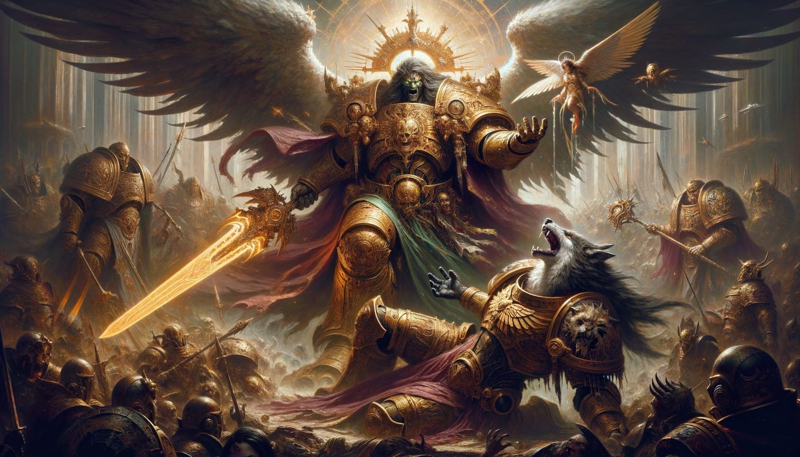 Epic Battle Scene: Golden Emperor vs. Lupine Warrior