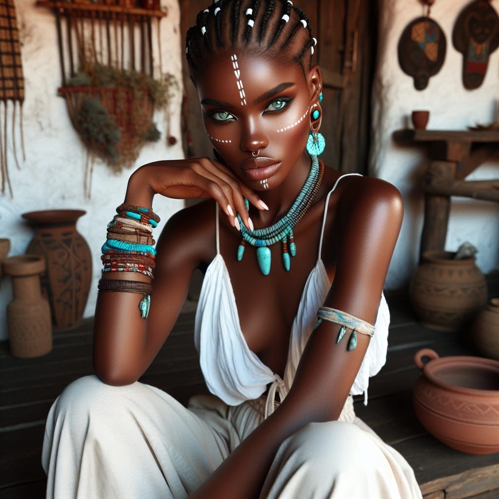 Stunning Woman with Braids, Shaved Hair, and Tribal Paint