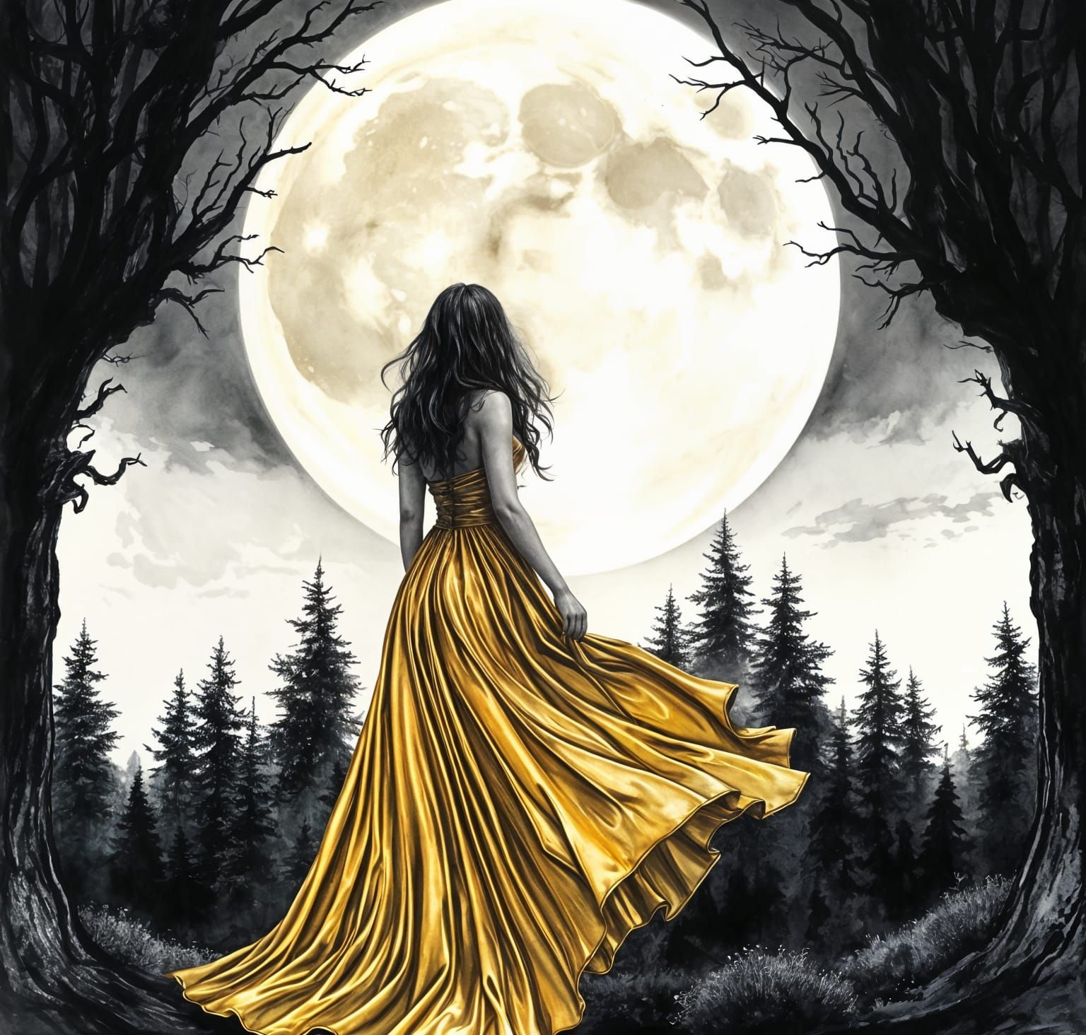 Woman in Gold Dress Under Moonscape, Ink Drawing
