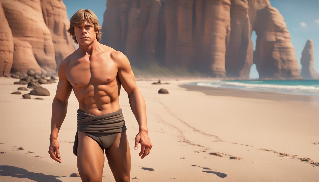 Muscular Man on Beach: Pixar-Style 3D Digital Art