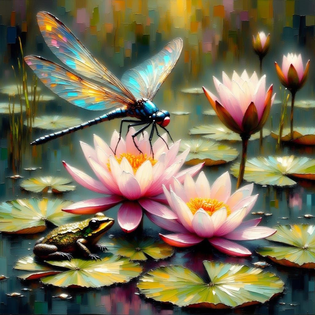 Iridescent Dragonfly on Water Lily as Impasto Painting